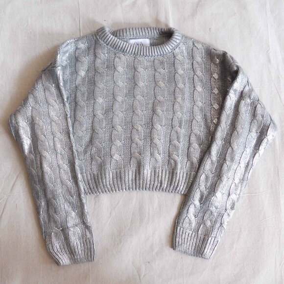 NWOT Zara Girls 13-14 Silver Cropped Cableknit Sweater - Picture 3 of 11